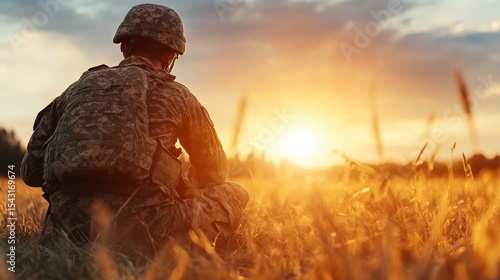 A soldier in silhouette sits peacefully in a golden field at sunset, representing reflection, duty, and the beauty of nature in a moment of serene contemplation.
