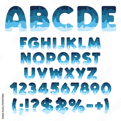 Font, alphabet, letter, number from layers with toy ducks and bubbles. Isolated vector objects on white background.