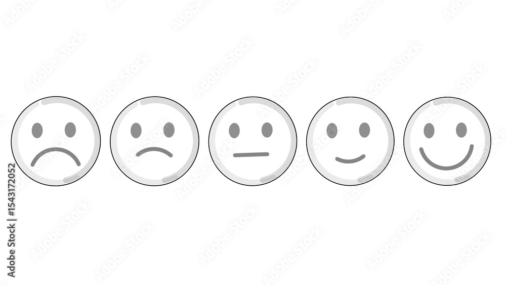 Five different face expressions for rating. Emoji style with transparent background. Feedback and emotion icons. Five different face expressions for rating. Emoji style with transparent background. Feedback and emotion icons.