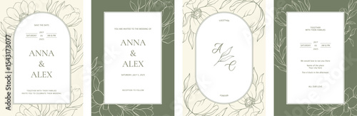 Luxury arch wedding invitation card, label with golden botanical leaves, flowers. Abstract floral art background vector design for wedding, business, birthday, postcards, covers. Line art style.