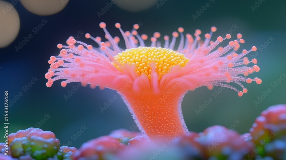 Naklejka premium Delicate pink flower with vibrant yellow center, intricate details