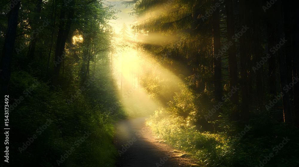 Fototapeta premium A summer path through alpine forests, with rays of sunlight filtering through the canopy, leading to a serene mountain lake.
