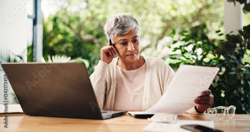 Fotografie Documents, laptop and stress with old woman in home for life insurance, widow payout and research