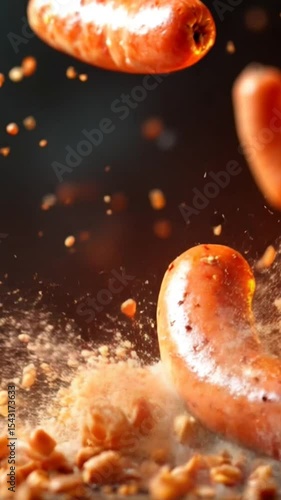 sausage Scattered in the Air Fastfood background fire