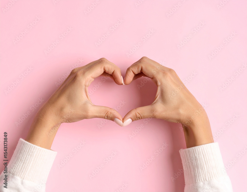 Fototapeta premium 両手でハートを作っている女性の手 バレンタイン ラブ ピンク背景
