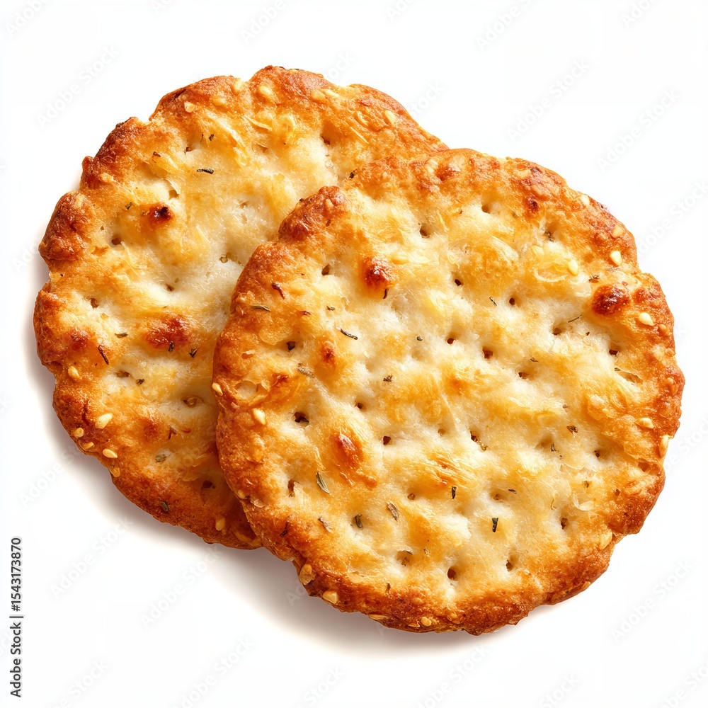 Two round crackers with herbs, crunchy texture, close-up shot Two round crackers with herbs, crunchy texture, close-up shot