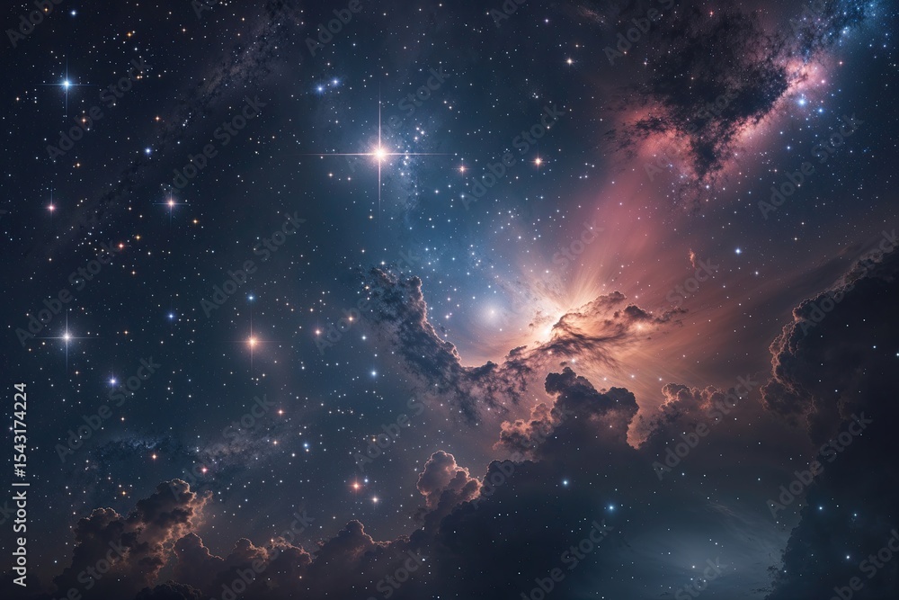 Obraz premium Astrophysical Scene with Stars, Nebula, and Cosmic Light in a Dark Sky