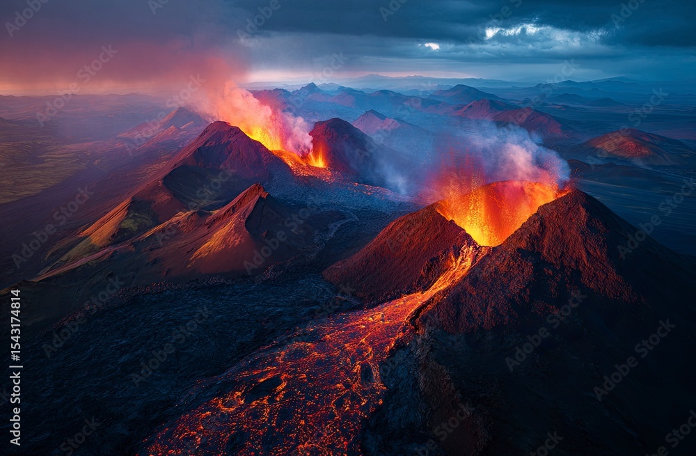Fototapeta premium Lava and smoke erupting from the volcano on an island in Iceland, view of mountains with lava flowing down, colorful red and orange color palette, blue sky, aerial photography, photo-realistic