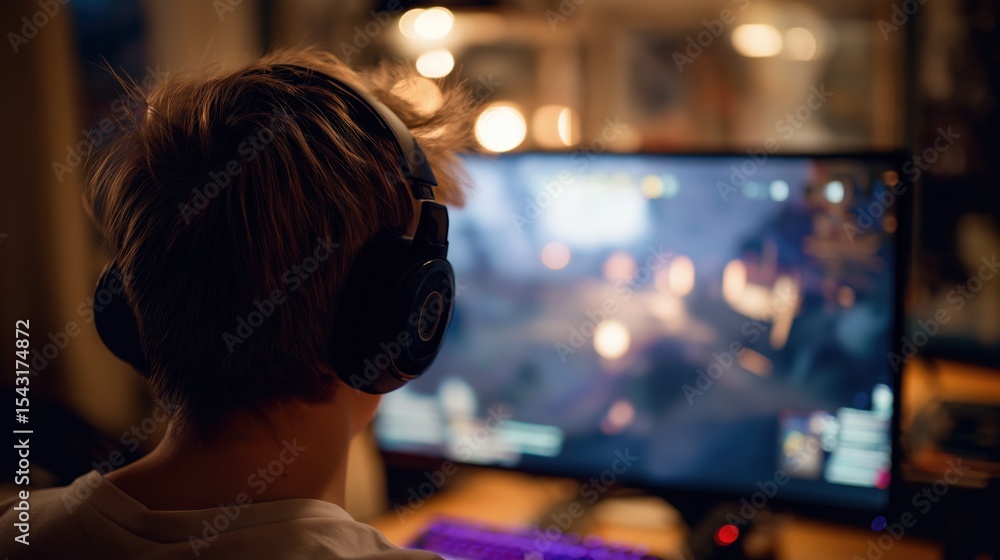 Gaming Immersion: A young individual is fully engrossed in the immersive world of video gaming, headset on, captivated by the dynamic action unfolding on the large screen. AI image. Gaming Immersion: A young individual is fully engrossed in the immersive world of video gaming, headset on, captivated by the dynamic action unfolding on the large screen. AI image.