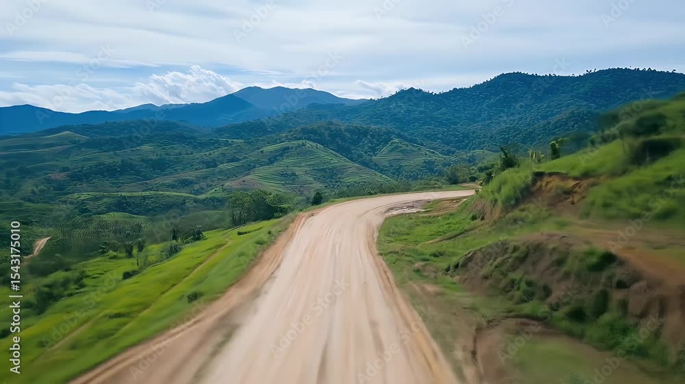 Winding Dirt Road Through Green Mountain Landscape Under Blue Sky on Sunny Day Winding Dirt Road Through Green Mountain Landscape Under Blue Sky on Sunny Day