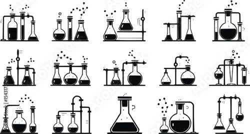 A set of chemical system black silhouettes including:
laboratory glassware (beakers, test tubes, flasks),
 chemical reaction setups,burners and stands,
interconnected 