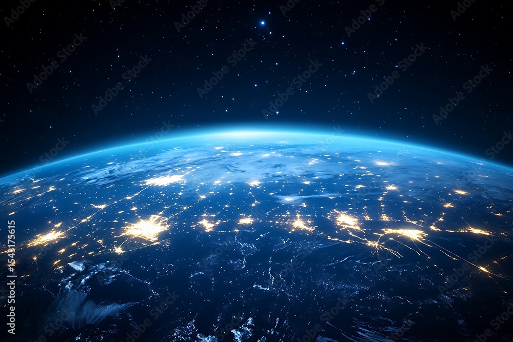 Fototapeta premium Earth from space at night showing city lights and atmosphere for global communication