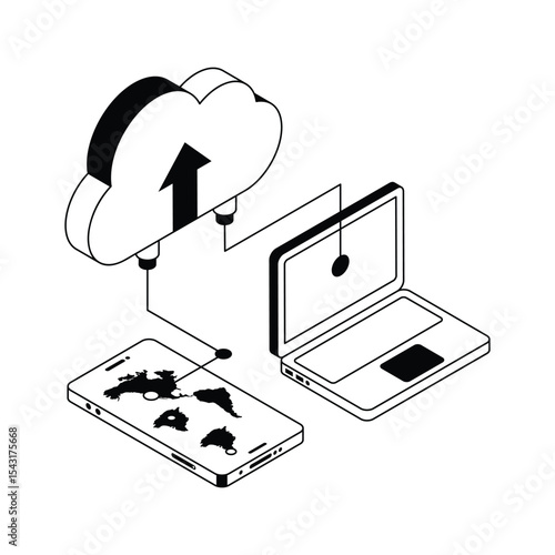 Latest icon of cloud upload designed in isometric style