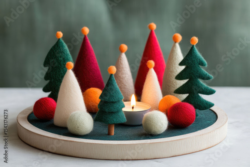 Whimsical handmade holiday centerpiece featuring colorful felt trees and decorative balls, creating cozy atmosphere with candle. Perfect for festive decor