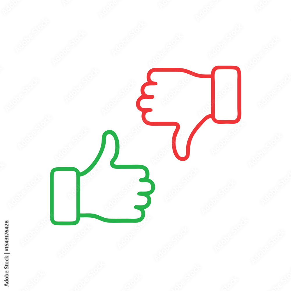 Green thumbs-up and red thumbs-down outlines, representing approval and disapproval. Green thumbs-up and red thumbs-down outlines, representing approval and disapproval.