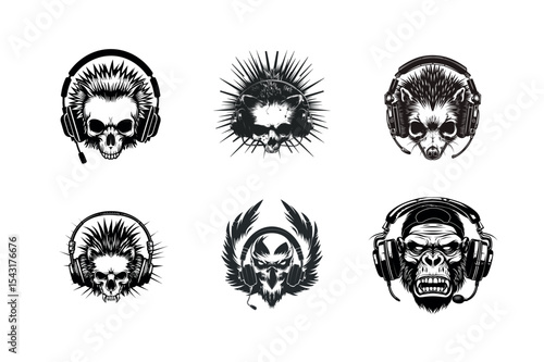 Six animal skull silhouettes with headphones