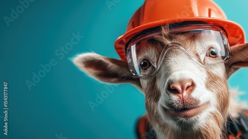 A whimsical goat sporting a hard hat and safety glasses, showcasing a playful take on safety in construction while engaging viewers with its cheerful demeanor and personality.