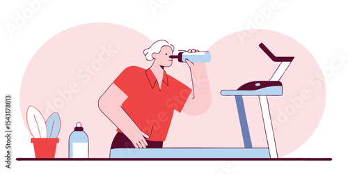 Woman drinking water on the treadmill, exercising and fitness concept illustration