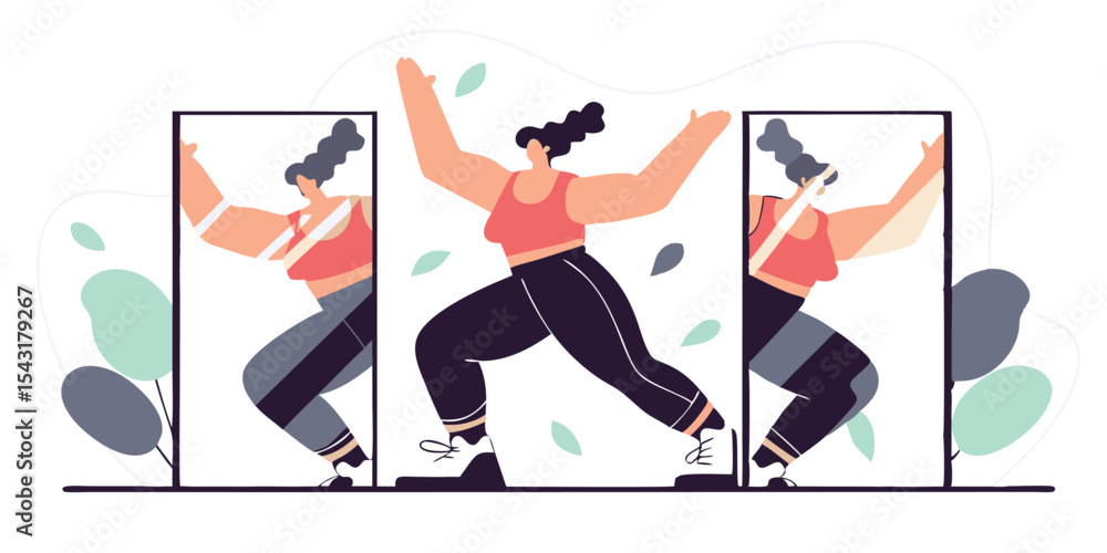 Fototapeta premium Woman performing yoga warrior pose with reflection in panels illustration design