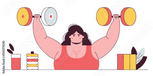 Smiling woman holding a gift box and a megaphone, looking in a mirror