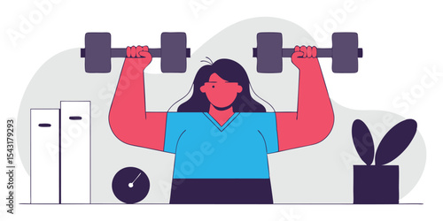 Woman lifting dumbbells at home gym with minimalist illustration style design