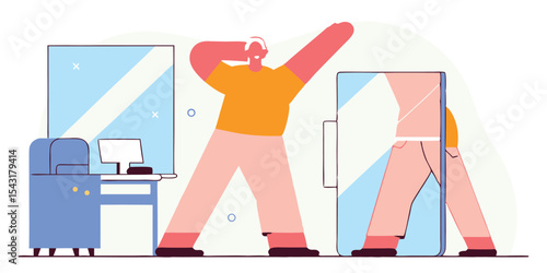 An illustration of a woman in the gym or bathroom, a vector of a person at work, or a cartoon couple playing sports
