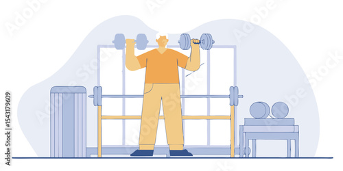 Man lifting dumbbells in a gym with weight equipment around him