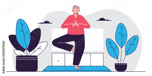 Woman practicing yoga in the tree pose with plants nearby indoors