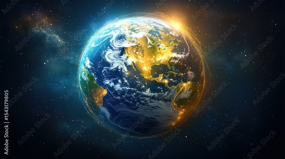 Fototapeta premium Earth, glowing, space, stars, continents, atmosphere, vibrant