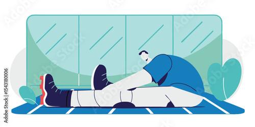 Man in athletic attire stretching or working out near a building or facility