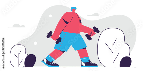 Cartoon man walking with dumbbells in an outdoor training illustration background