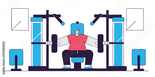 Cartoon illustration of a man doing chest press at a smith machine