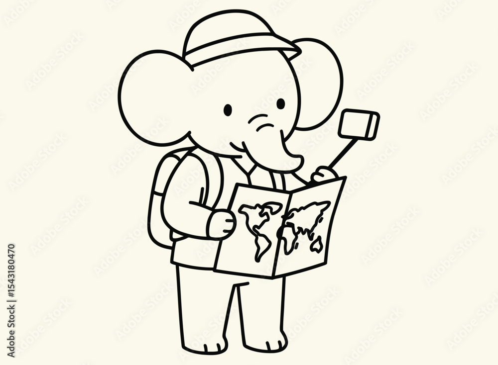 Minimalist Line Art Elephant Tourist with Map and Selfie Stick
Minimalist Line Art Elephant Tourist with Map and Selfie Stick