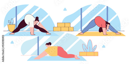 Diverse women practicing yoga poses in a studio setting, promoting wellness
