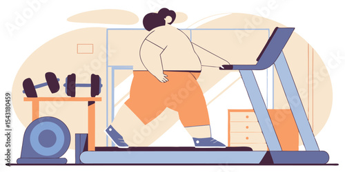 Illustration of a person using a treadmill with weights in the background