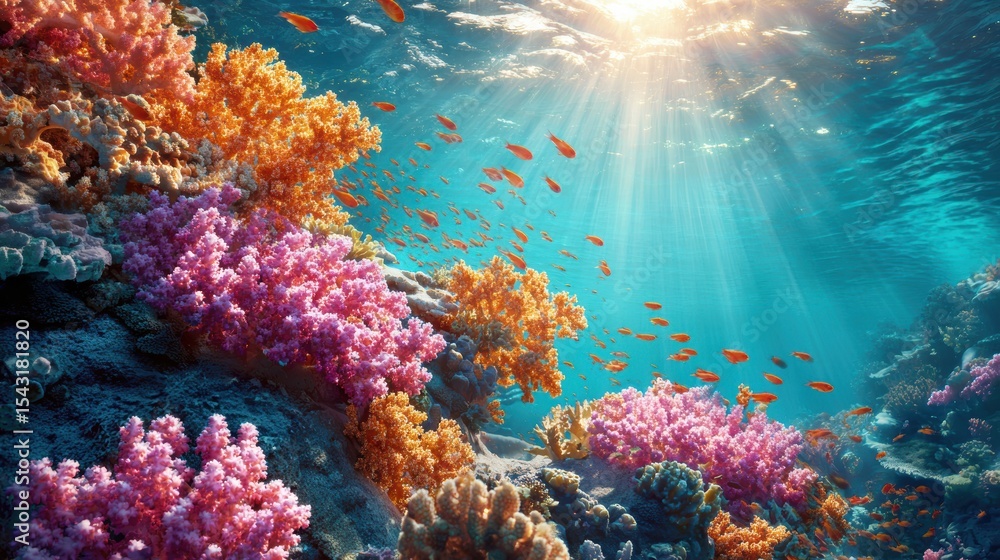 Obraz premium Colorful coral reef underwater with sunlight streaming through clear blue water and schools of small orange fish swimming above vibrant marine life