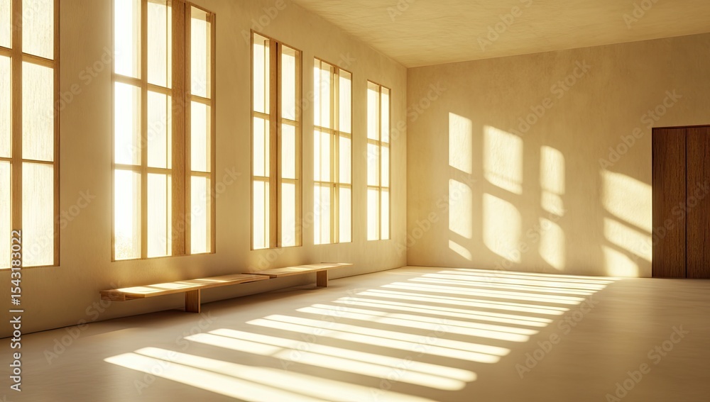 Obraz premium Sunlight streams into a minimalist beige room, casting long shadows
