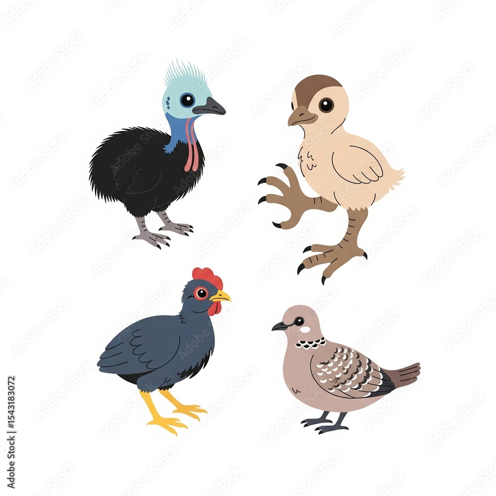 Baby Ground Birds of Indonesia – Jungle Fowl, Maleo, Cassowary, Dove Vector Set Baby Ground Birds of Indonesia – Jungle Fowl, Maleo, Cassowary, Dove Vector Set