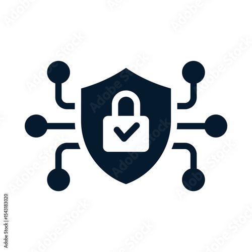 Shield, lock, microcircuit. Cyber ​​protection concept. Vector linear icon isolated on white background.