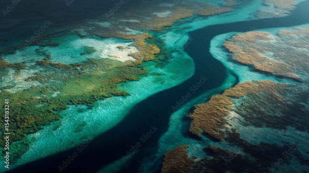 Fototapeta premium Aerial View of a Turquoise River Meandering Through a Coral Reef