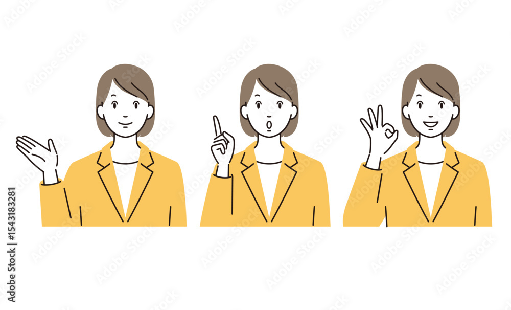 Naklejka premium 案内/紹介するスーツ姿のビジネスパーソン女性のベクターイラストセット