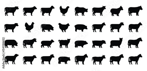 Farm animals silhouettes depict various livestock in a black and white vector