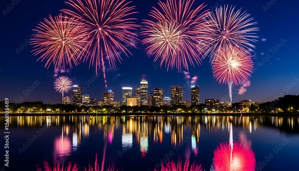 Obraz premium Colorful fireworks illuminate a city skyline at night, reflecting on a calm lake. The scene captures a festive atmosphere and celebration.
