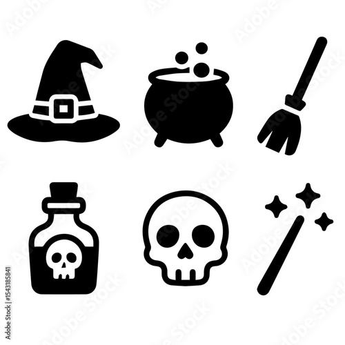 Spooky Halloween Witchcraft Icons Set featuring a cauldron, hat, skull, potion, and magic wand perfect for your design projects