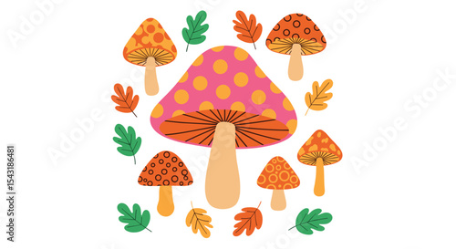 A Colorful Array of Cartoon Mushrooms Surrounded by Leaves For Autumn Season