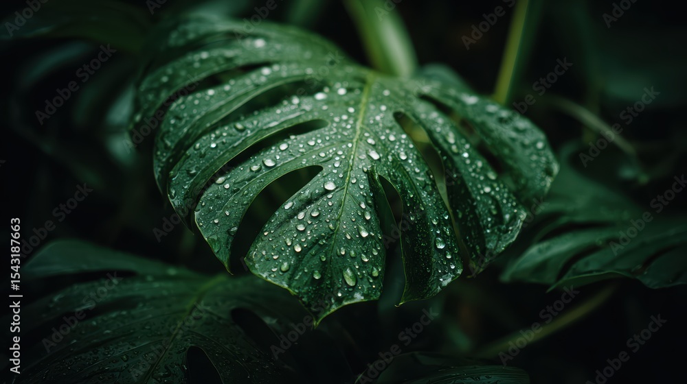 Fototapeta premium Large green monstera leaf with water droplets, showcasing fresh, natural beauty and lush tropical foliage in soft, natural light