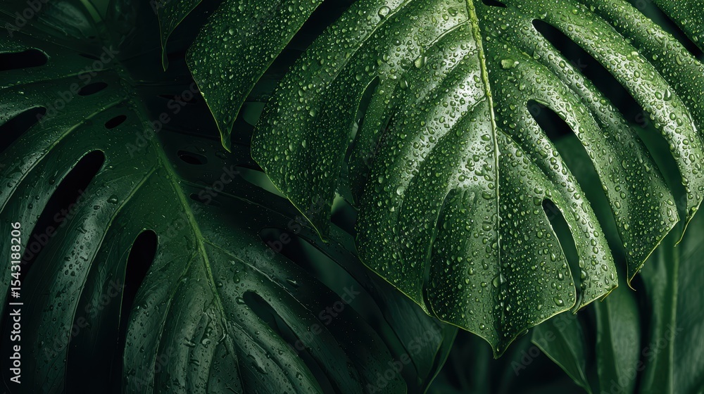 Fototapeta premium Large green Monstera leaves covered with fresh water droplets, showcasing lush tropical foliage and vibrant natural textures