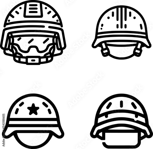 set of black and white outline icon of a war helmet, symbolizing soldier protection in conflict zones.