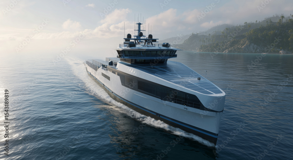 A modern cargo vessel equipped with advanced autopilot technology sails through calm waters, surrounded by lush greenery. The efficient transport system signifies the future of maritime logistics. A modern cargo vessel equipped with advanced autopilot technology sails through calm waters, surrounded by lush greenery. The efficient transport system signifies the future of maritime logistics.