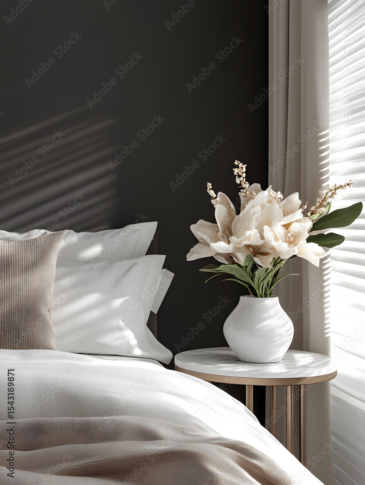 Naklejka premium Bedroom background for zoom call. Creative interior design of bedroom. Minimalistic cozy room design